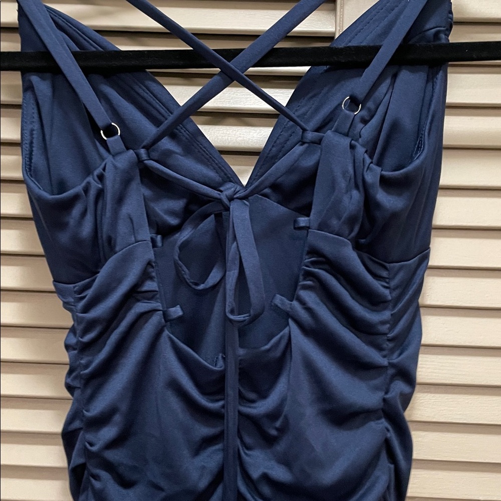 Navy Blue Strappy Ruched Bodycon Dress - Picture 4 of 4